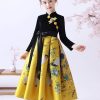 Lovely Yellow Patchwork Tie Waist Button Kids Maxi Dresses Spring