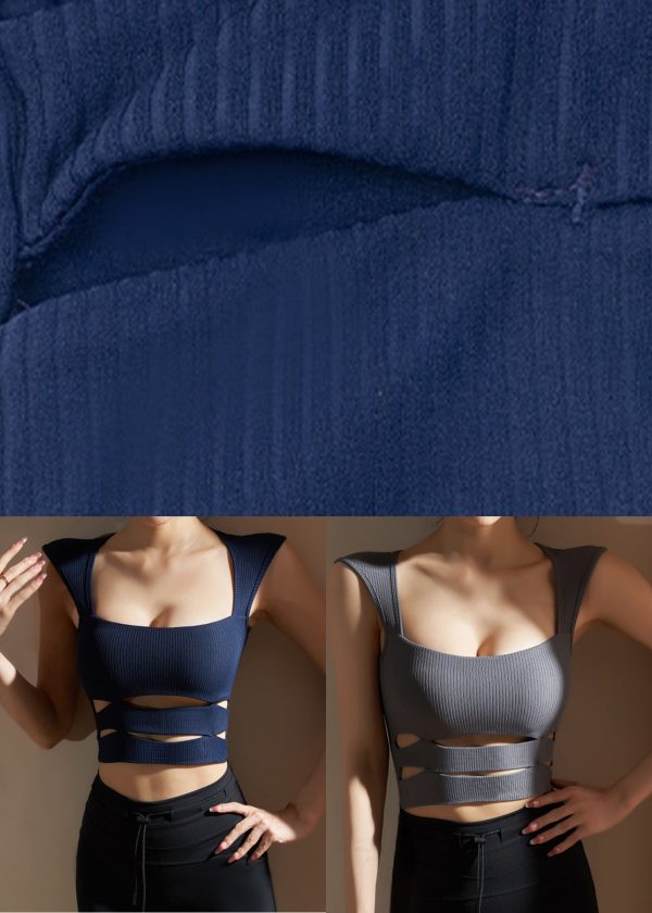 Luxury Dark Blue Striped Yoga Tops Sleeveless - Image 5