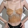 Luxury Khaki Straight Neck Rhinestone Tassel Short Strap