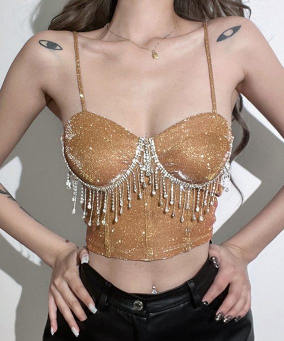 Luxury Khaki Straight Neck Rhinestone Tassel Short Strap