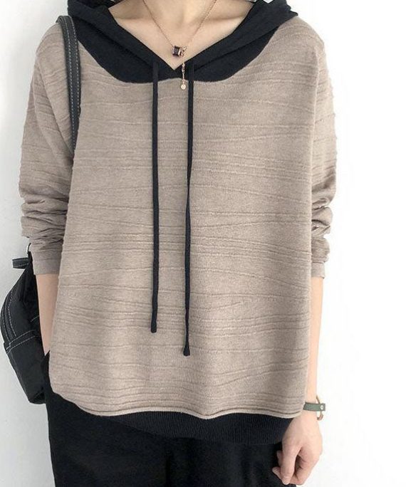 Luxury Khaki hooded drawstring Patchwork Fall Knit Sweatshirts Top