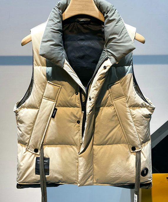 Modern Beige Zip Up Pockets Duck Down Men Waistcoat Sleeveless