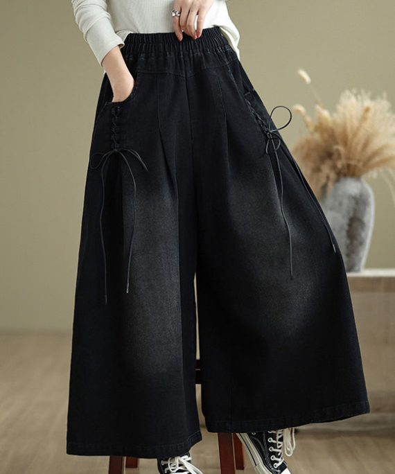 Modern Black Cross Strap Denim Wide Leg Pants Summer