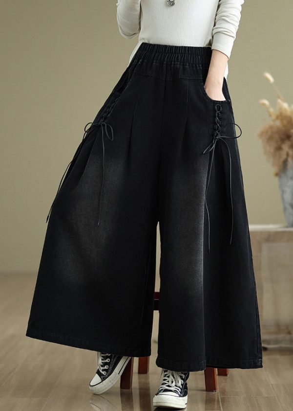 Modern Black Cross Strap Denim Wide Leg Pants Summer - Image 3