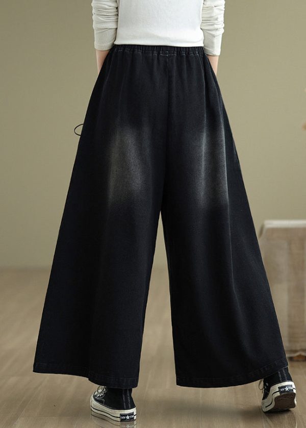 Modern Black Cross Strap Denim Wide Leg Pants Summer - Image 4