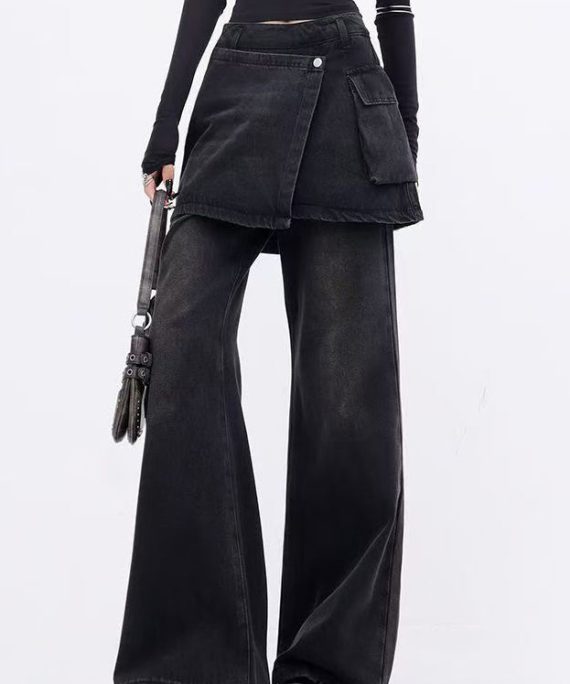 Modern Black False Two Pieces Patchwork Denim Flared Trousers Spring