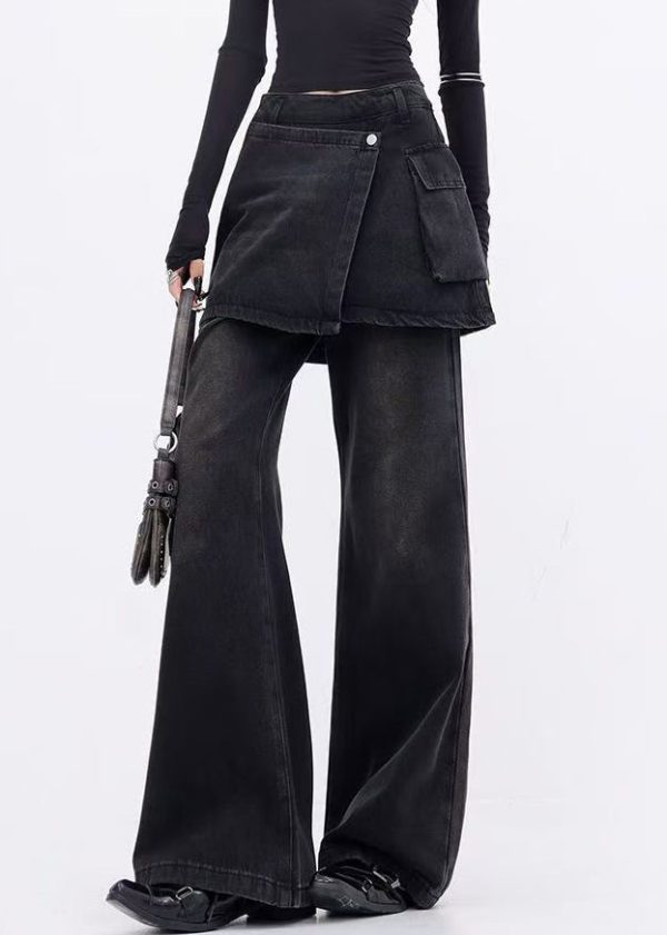 Modern Black False Two Pieces Patchwork Denim Flared Trousers Spring