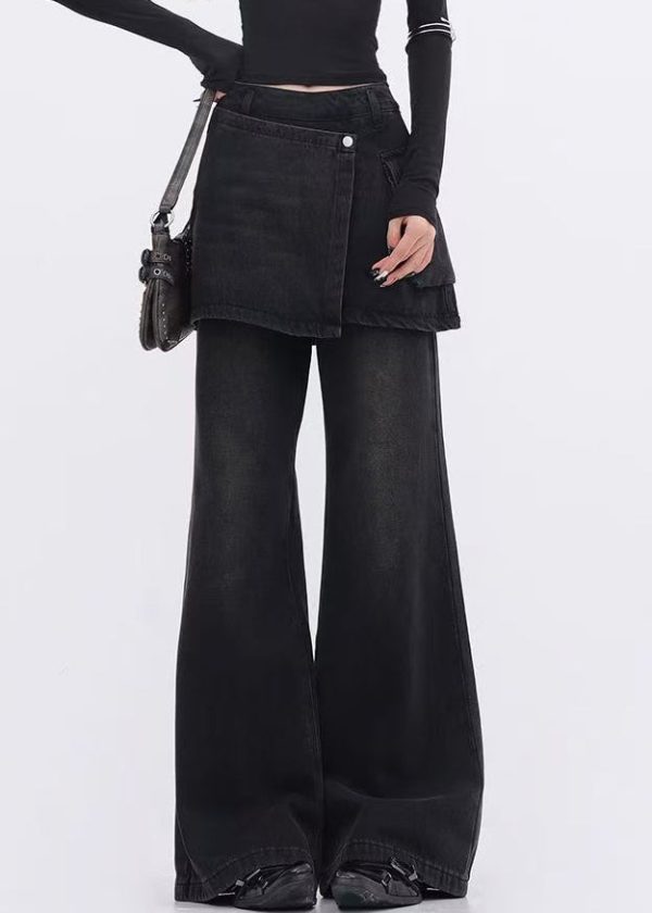 Modern Black False Two Pieces Patchwork Denim Flared Trousers Spring - Image 2
