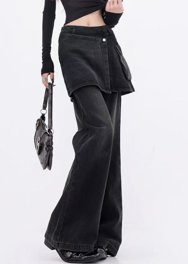Modern Black False Two Pieces Patchwork Denim Flared Trousers Spring - Image 3
