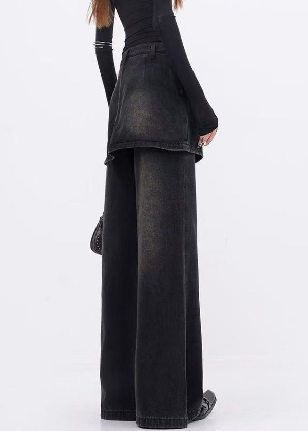 Modern Black False Two Pieces Patchwork Denim Flared Trousers Spring - Image 4