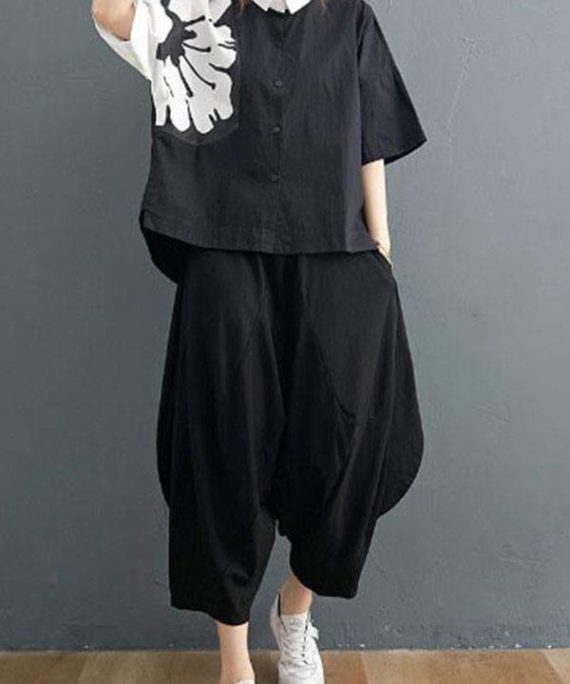 Modern Black Turn-down Collar Summer Cotton Linen Two Pieces Set
