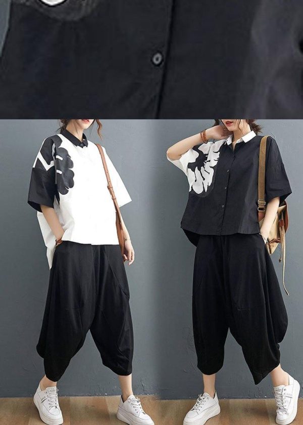 Modern Black Turn-down Collar Summer Cotton Linen Two Pieces Set - Image 5
