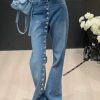Modern Blue Asymmetrical Button High Waist Denim Straight Pants Spring