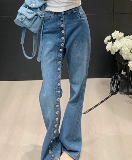 Modern Blue Asymmetrical Button High Waist Denim Straight Pants Spring