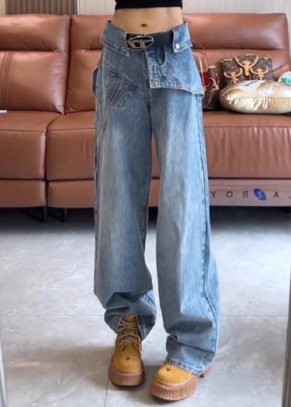 Modern Blue Asymmetrical High Waist Denim Pants Spring - Image 3