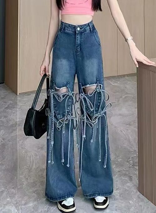 Modern Blue Bow Hole High Waist Denim Pants Summer
