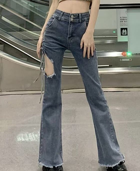 Modern Blue Hole Cinched High Waist Denim Pants Spring