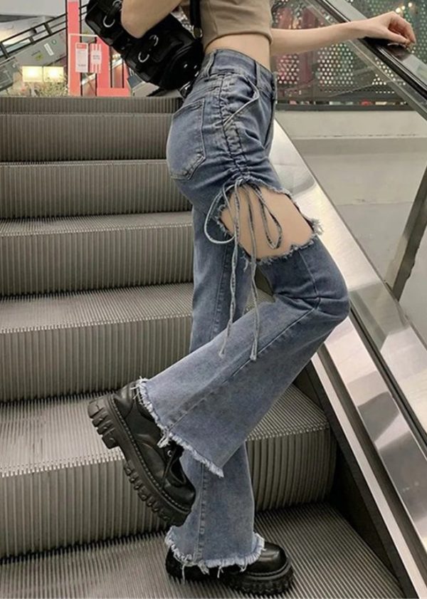 Modern Blue Hole Cinched High Waist Denim Pants Spring - Image 5