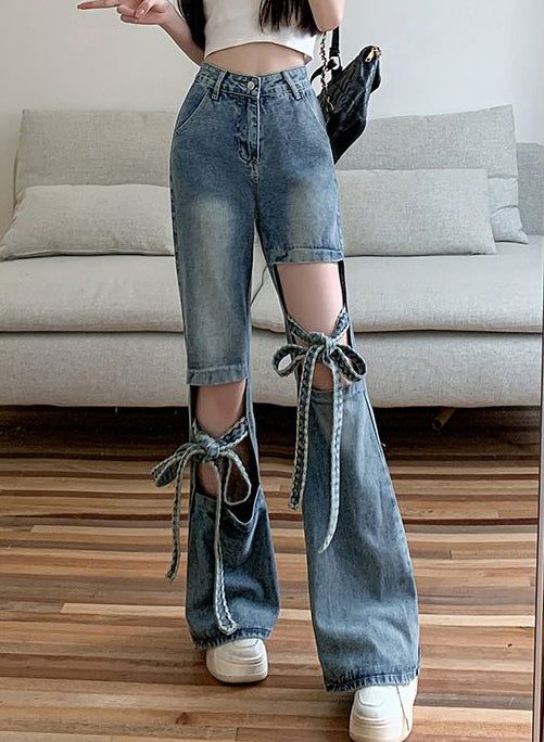 Modern Blue Hollow Out Lace Up Denim Pants Spring