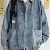 Modern Blue Peter Pan Collar Pockets Denim Mens Coats Spring