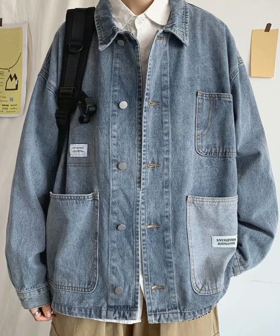 Modern Blue Peter Pan Collar Pockets Denim Mens Coats Spring