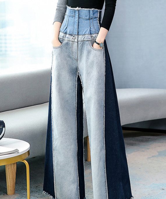 Modern Blue Pockets High Waist Patchwork Denim Pants Spring