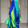 Modern Colorblock V Neck Patchwork Exra Large Hem Chiffon Beach Dress Summer