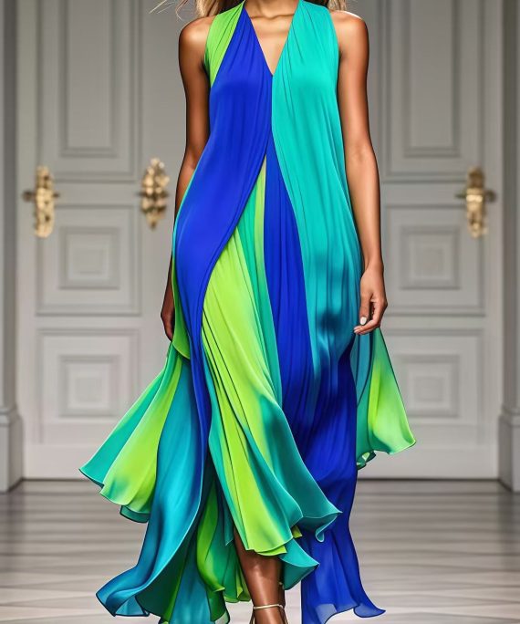Modern Colorblock V Neck Patchwork Exra Large Hem Chiffon Beach Dress Summer