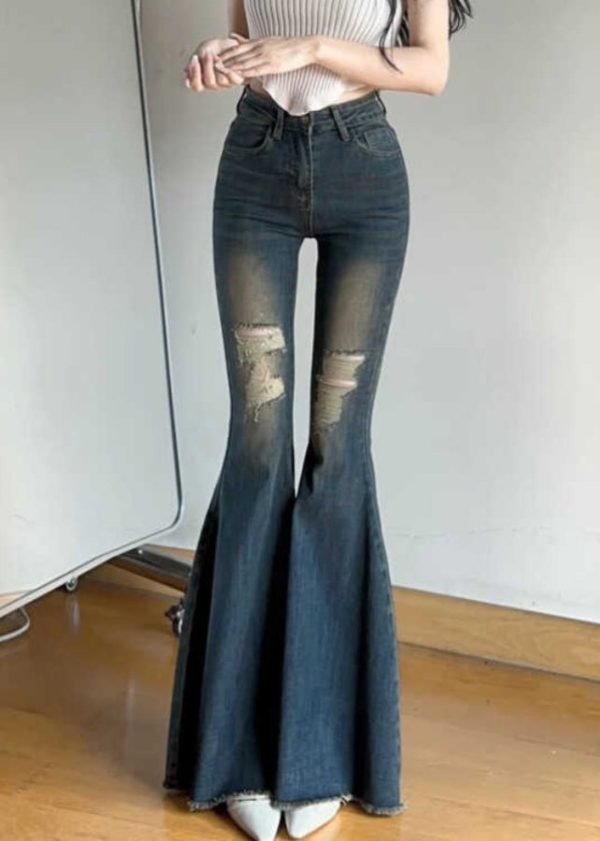 Modern Denim Blue Hole High Waist Flare Bottoms Spring - Image 2