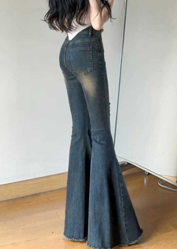 Modern Denim Blue Hole High Waist Flare Bottoms Spring - Image 3