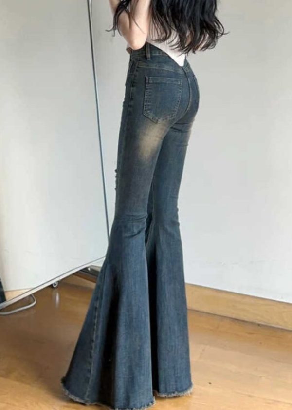 Modern Denim Blue Hole High Waist Flare Bottoms Spring - Image 4