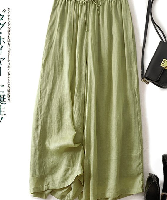 Modern Grass Green Elastic Waist Linen Wide Leg Pants Summer