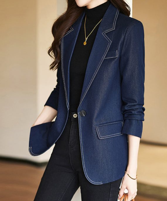 Modern Navy Notched Silm Fit Denim Coat Spring