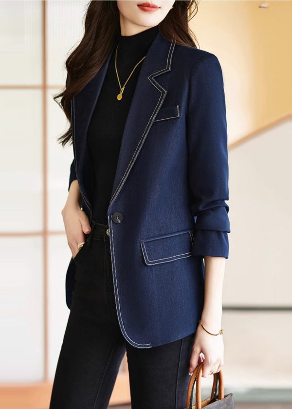 Modern Navy Notched Silm Fit Denim Coat Spring - Image 4