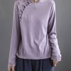 Modern Purple Embroideried Button Floral Fall Cotton Top