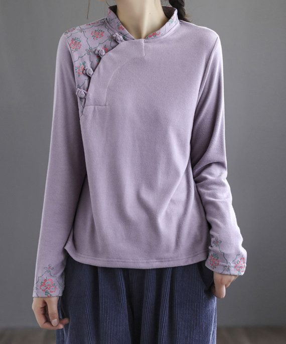 Modern Purple Embroideried Button Floral Fall Cotton Top