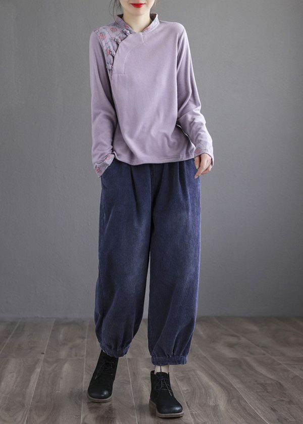 Modern Purple Embroideried Button Floral Fall Cotton Top - Image 2