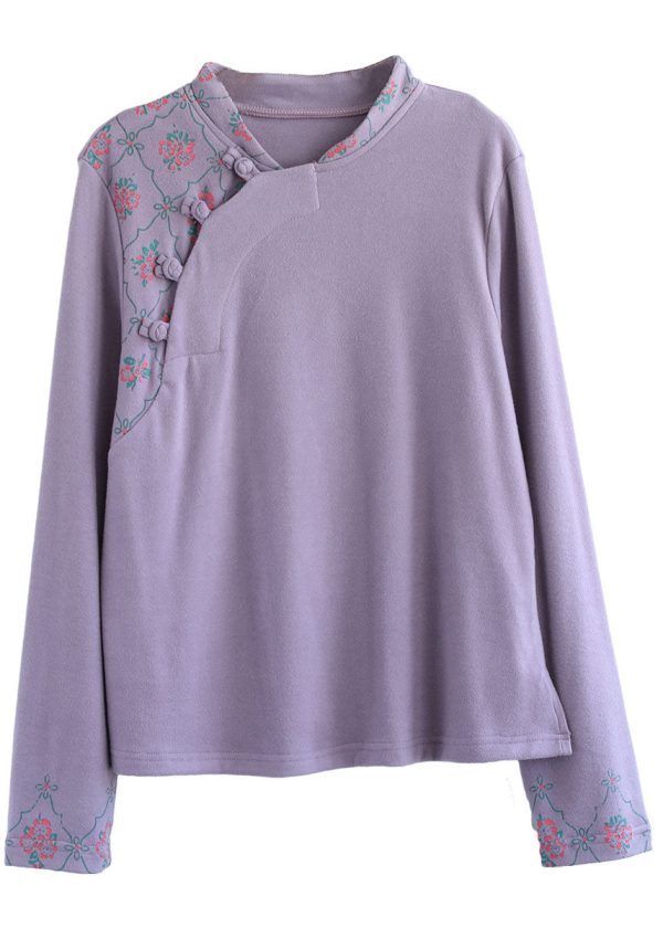 Modern Purple Embroideried Button Floral Fall Cotton Top - Image 5