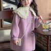 Modern Purple Peter Pan Collar Thick Woolen Kids Long Coat Spring