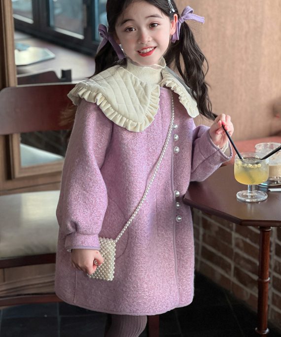 Modern Purple Peter Pan Collar Thick Woolen Kids Long Coat Spring