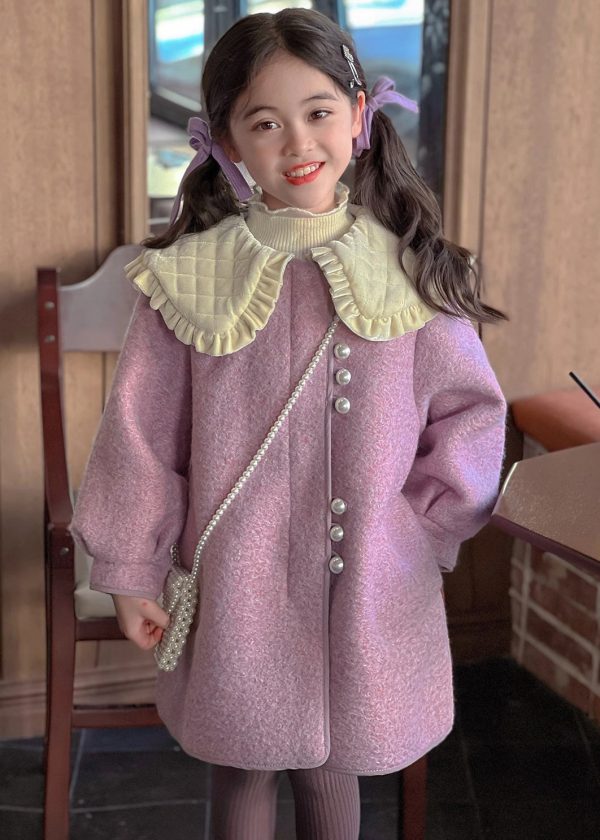 Modern Purple Peter Pan Collar Thick Woolen Kids Long Coat Spring - Image 2