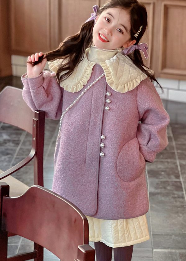 Modern Purple Peter Pan Collar Thick Woolen Kids Long Coat Spring - Image 4