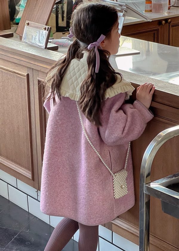 Modern Purple Peter Pan Collar Thick Woolen Kids Long Coat Spring - Image 5