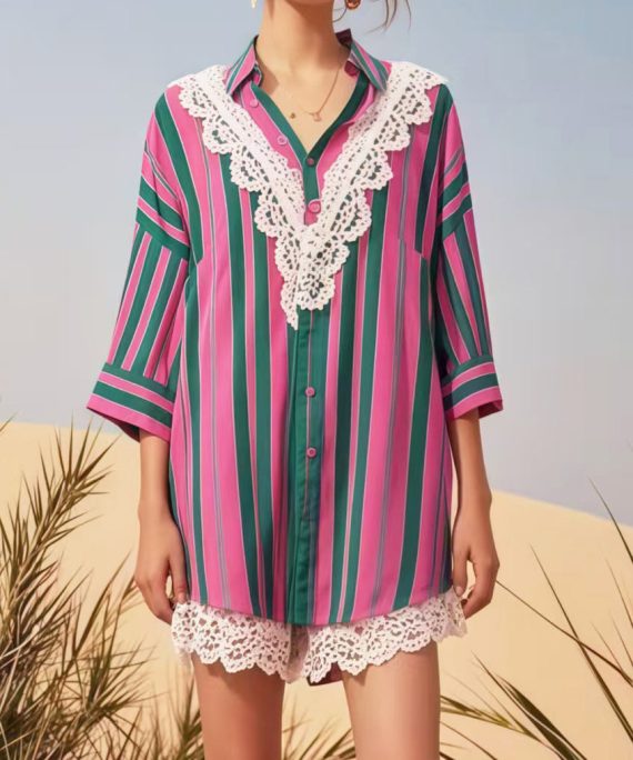 Modern Rose Striped Patchwork Lace Top Bracelet Sleeve