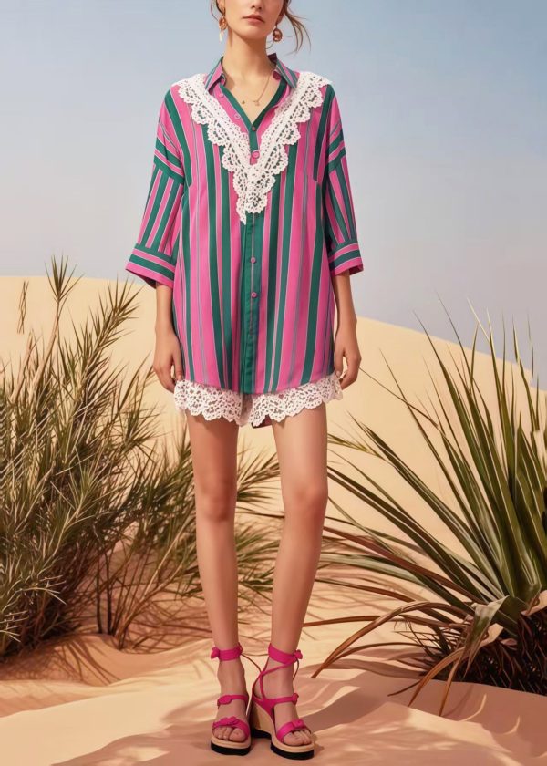 Modern Rose Striped Patchwork Lace Top Bracelet Sleeve - Image 2