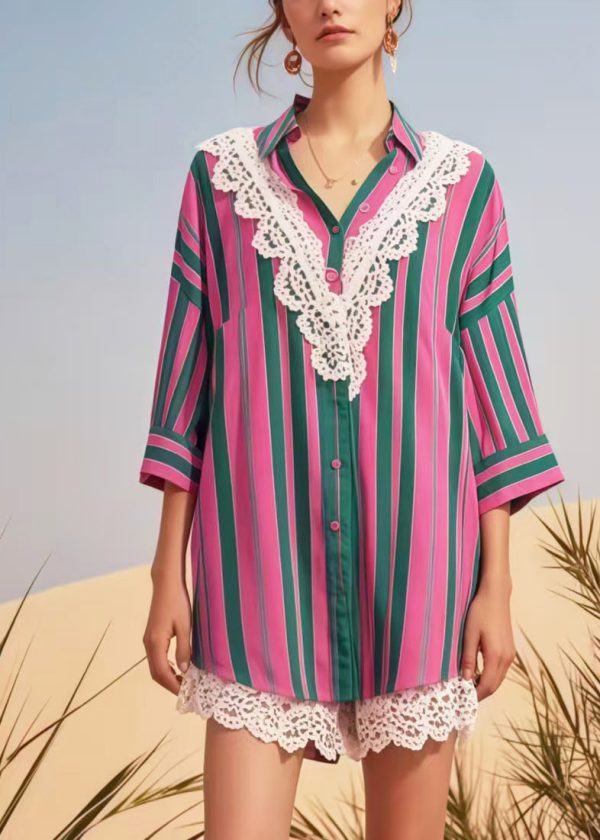 Modern Rose Striped Patchwork Lace Top Bracelet Sleeve - Image 3