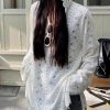Modern White Floral Hooded Knit Lace Shirts Spring