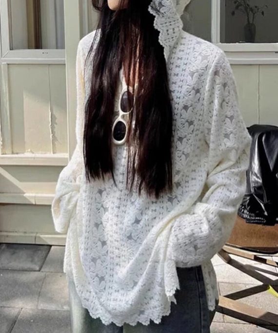 Modern White Floral Hooded Knit Lace Shirts Spring