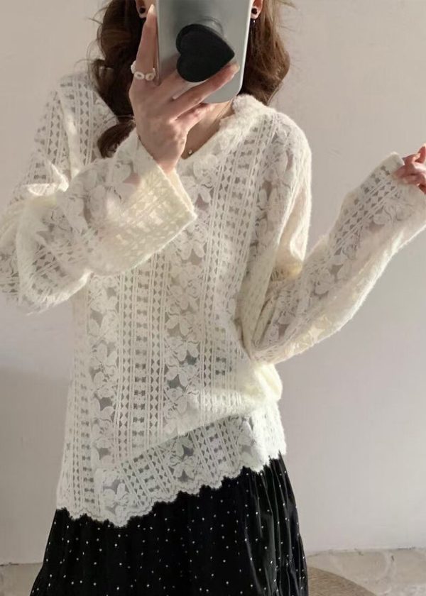 Modern White Floral Hooded Knit Lace Shirts Spring - Image 2