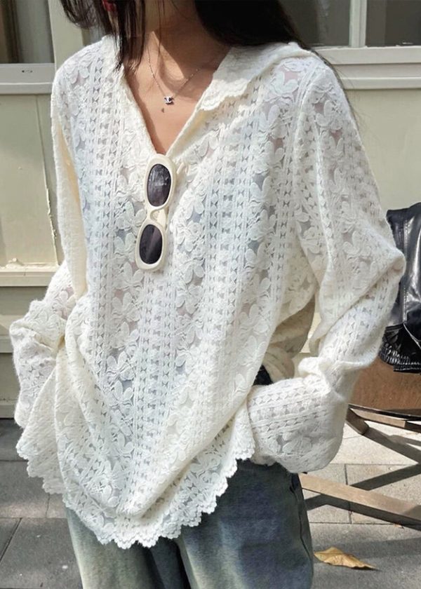 Modern White Floral Hooded Knit Lace Shirts Spring - Image 3